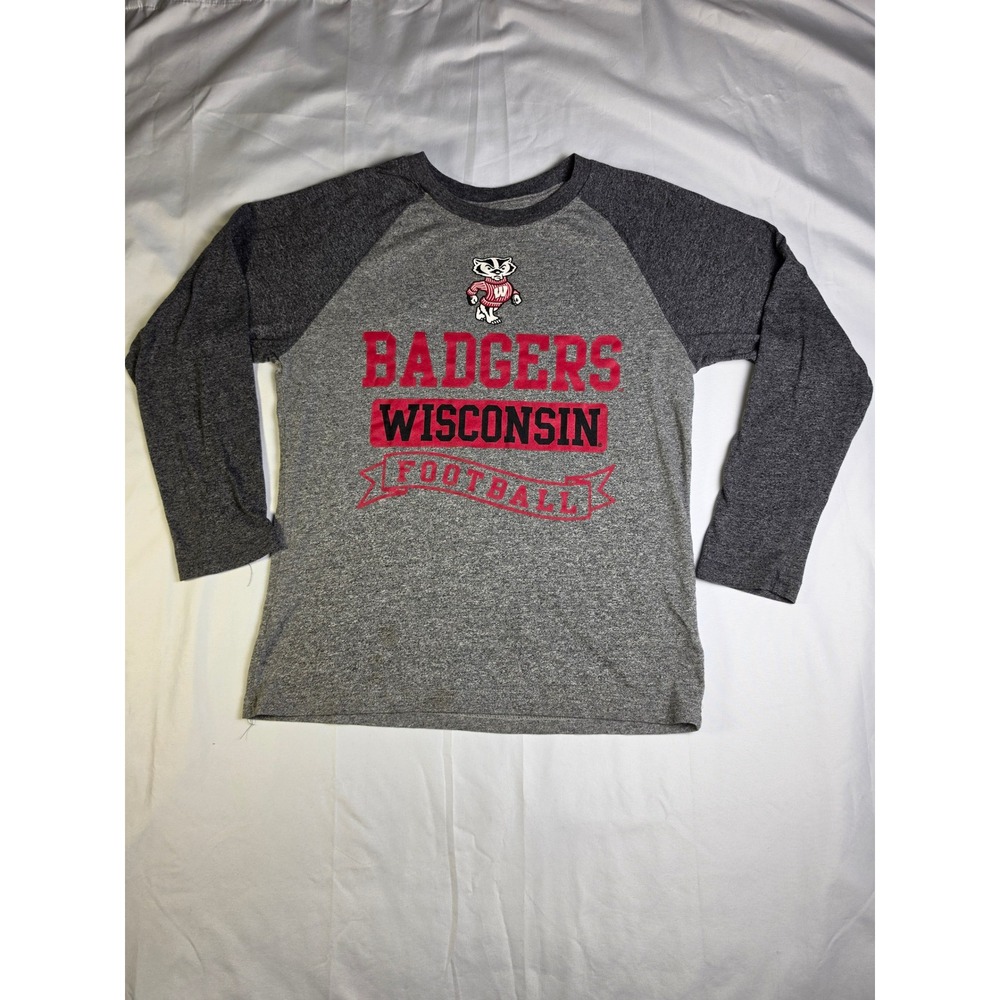 Wisconsin Badgers Football Raglan T-Shirt Womens Large Gray Long Sleeve Bucky L